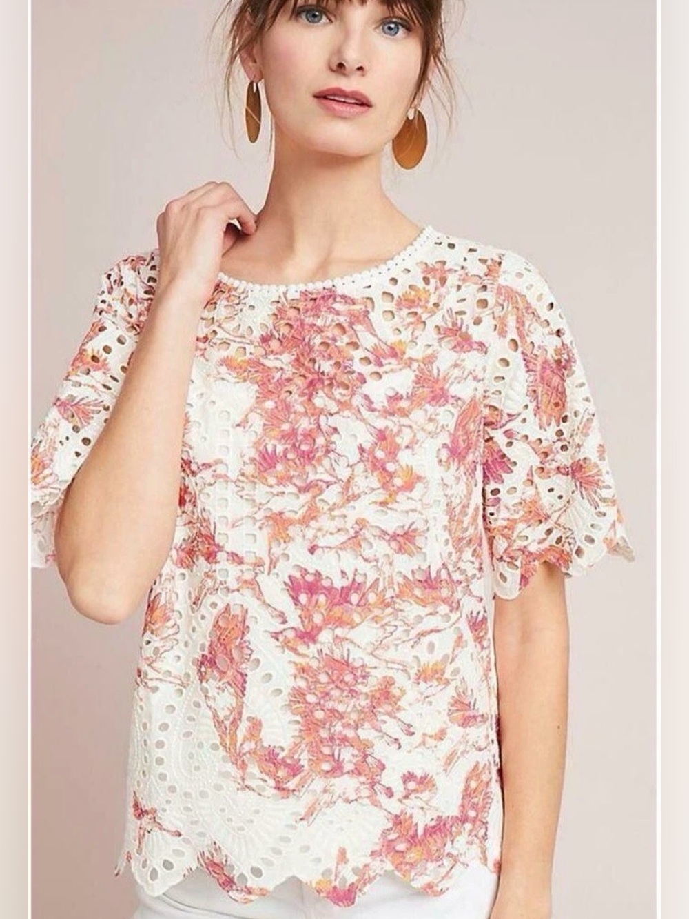 Anthropologie Porridge Amber Eyelet Cut Out Floral Short Sleeve Top Sz XS
